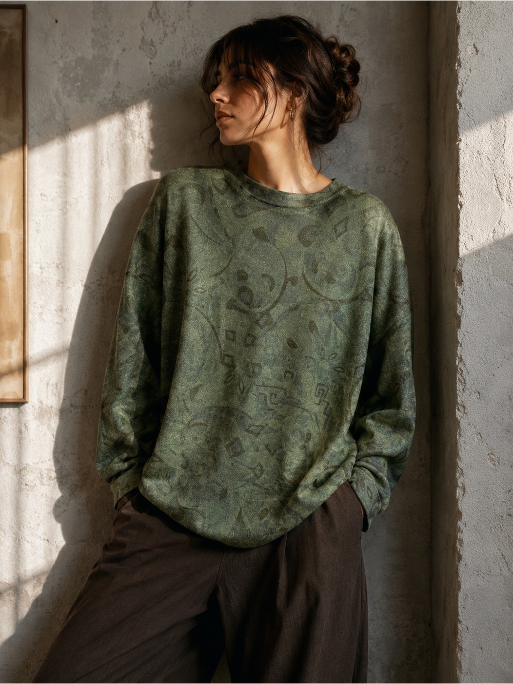 Vintage Benetton Italy Metallic Olive Green Abstract Knit Sweater L/XL Retro